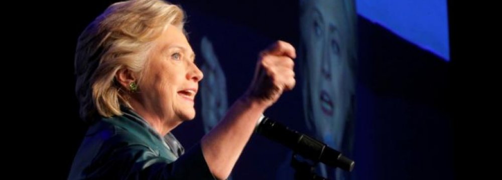 US Democratic presidential nominee, Hillary Clinton, speaks at a Women for Hillary campaign finance event in Washington on Oct. 5.