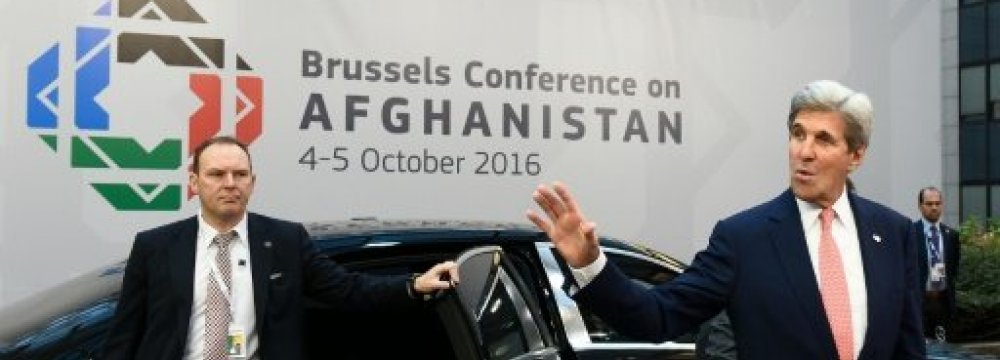 US Secretary of State John Kerry arrives for a Brussels conference on Afghanistan at the EU Headquarters in Brussels on Oct. 5.