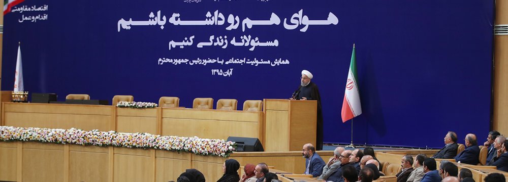 President Hassan Rouhani speaks during a conference on social responsibility in Tehran on Nov. 14.