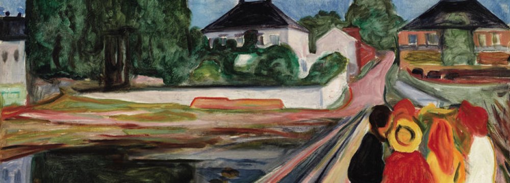 Detail of Edvard Munch’s 1902 painting ‘Girls on the Bridge’ sold for $54.5 million at Sotheby’s in New York on Monday.