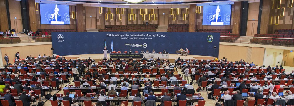 US Secretary of State John Kerry delivers a speech at the 28th Meeting of the Parties to the Montreal Protocol in Kigali, Rwanda on October 14.