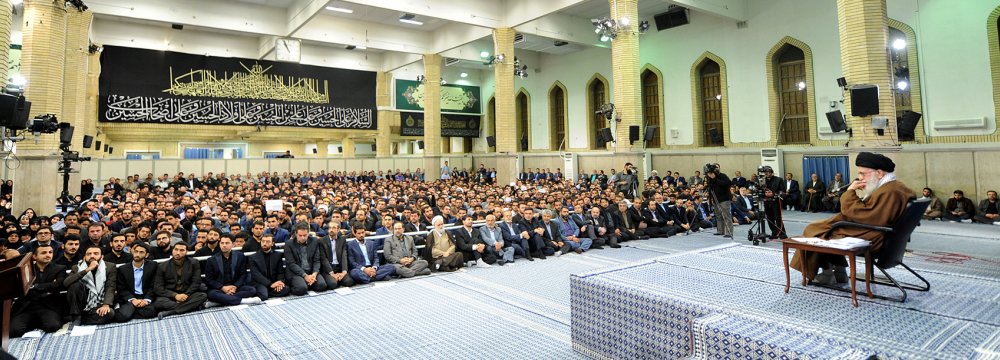 Ayatollah Seyyed Ali Khamenei receives top university students and members of Iran's National Elites Foundation in Tehran on Oct. 19.