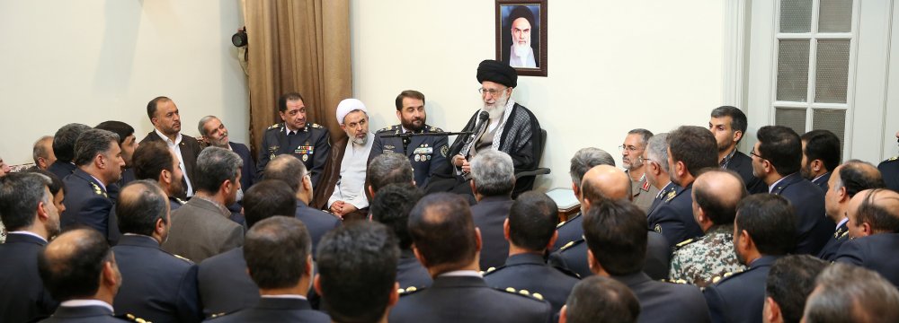 Ayatollah Seyyed Ali Khamenei receives commanders of the air defense base in Tehran on Aug. 28. 