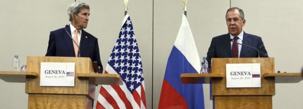 US Secretary of State John Kerry (L) and Russian Foreign Minister Sergey Lavrov attend a news conference after  a meeting on Syria in Geneva, Switzerland, on Aug. 26.