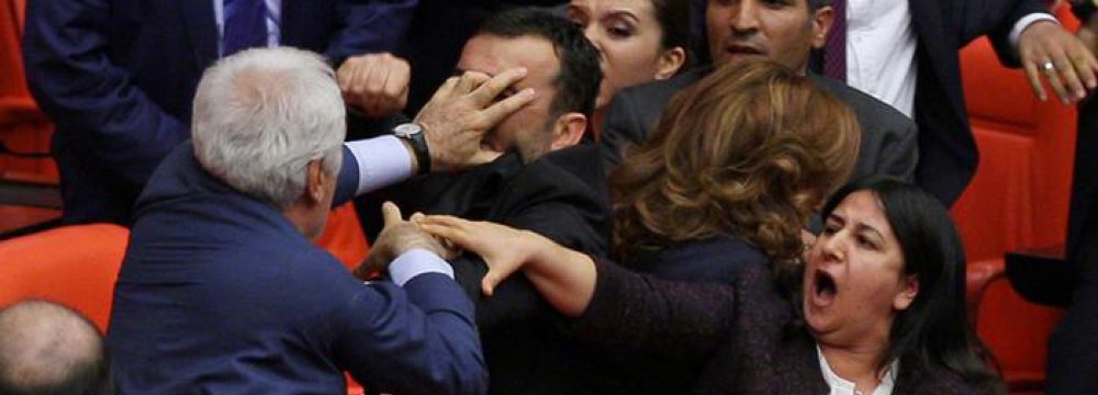 Violent Brawl at Turkish Parliament 