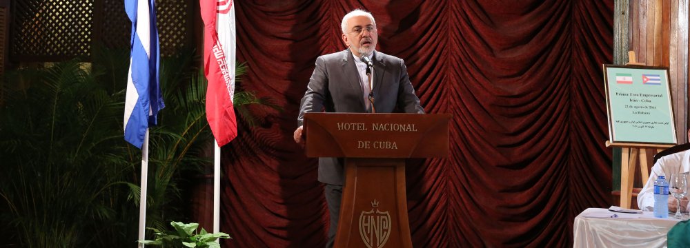 Iran’s Foreign Minister Mohammad Javad Zarif Addressing the first business forum between Iran and Cuba at the National Hotel in Havana on Monday.