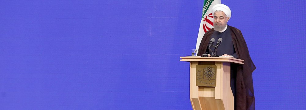 President Hassan Rouhani addresses members of the medical community in Tehran on Aug. 22.  