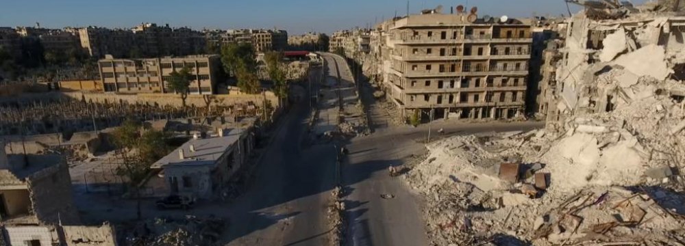 A still image taken on September 27, 2016, from a drone footage obtained by Reuters shows damaged buildings  in a militant-held area of Aleppo, Syria.