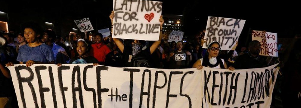 Protesters call for the footage to be released as they march in the streets of Charlotte, North Carolina, US.