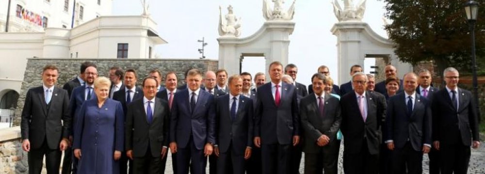 EU leaders pose for a family photo in Bratislava, Slovakia, September 16.