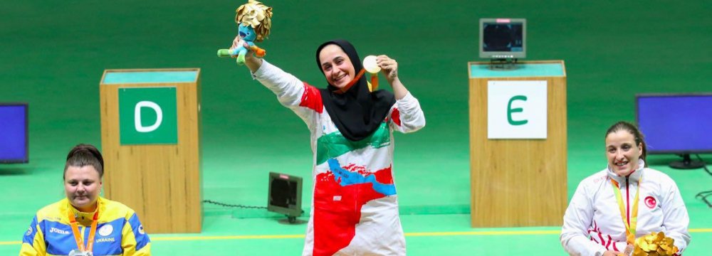 Sareh Javanmardi (C) won in the women’s 10m air pistol shooting category of 2016 Rio Paralympics and claimed the first gold medal for Iran. Olga Kovalchuk of Ukraine (L) and Turkey’s Aysegul Pehlivanlar took silver and bronze respectively.