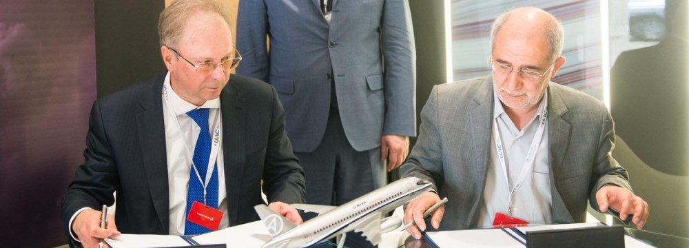 Letters of intent were signed between Sukhoi Civil Aircraft Company and two Iranian airlines on the sidelines of Turkey’s Eurasia Airshow for the purchase of 20 Superjet 100 each on April 26.
