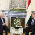  Tajik President Emomali Rahmon (R) meets with Foreign Minister Mohammad Javad Zarif in Dushanbe on April 16.