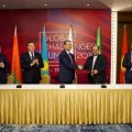 Iran’s Minister of Industries, Mining and Trade Mohammad Shariatmadari (3rd right) shakes hands with chairman of EEU Economic Commission board, Tigran Sargsyan, in Astana, Kazakhstan, on May 17.