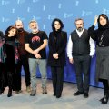 From left to right: Ali Bagheri, Leili Rashidi, Ali Mosaffa, Mani Haghighi, Leila Hatami, Hassan Majouni  and Parinaz Izadyar pose during the photo call for ‘Pig’ in Berlin, February 21. (Photo: AFP)