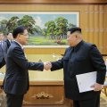 North Korean leader Kim Jong-un (R) meets South Korean National Security Director Chung Eui-yong in Pyongyang, North Korea.