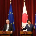 Japanese Prime Minister Shinzo Abe (C) speaks as European Commission President Jean-Claude Juncker (L) and European Council President Donald Tusk listen during  a joint press conference at Abe’s official residence in Tokyo on July 17.