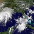 This satellite image shows Hurricane Harvey (L) approaching the coast of Texas. Harvey has intensified into a powerful category three storm, US meteorologists said, as the Gulf Coast states of Texas and Louisiana braced for the first major hurricane to hit land since 2005.
