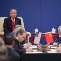 US President Donald Trump (L) and China’s President Xi Jinping attend a business leaders event inside the Great Hall of the People in Beijing on Nov. 9.