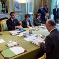 French President Emmanuel  Macron (2nd L) meets IAEA chief  Yukiya Amano (R) in Paris on Oct. 19.  