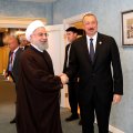 President Hassan Rouhani (L) shakes hands with Azeri President Ilham Aliyev on the sidelines of the Caspian Sea Summit in Kazakhstan on Sunday.