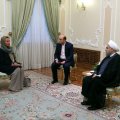 President Hassan Rouhani (R) meets top EU diplomat, Federica Mogherini, in Tehran on August 5.	