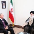 Leader of Islamic Revolution Ayatollah Seyyed Ali Khamenei (R) meets with Russian President Vladimir Putin in Tehran on Friday. 