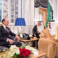 Conservative MP Leo Docherty (L) has been reported to the UK parliamentary standards watchdog  over his meeting with Saudi King Salman.