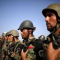 Afghan National Army officers stand at attention during a training exercise at the Kabul Military Training Centre (File Photo).