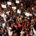 Opposition supporters protest the government’s delay in releasing jailed leaders in Male, Maldives, on February 4.