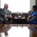 US Secretary of State Rex Tillerson (L) meets Indian Foreign Minister Sushma Swaraj, at the Indian Foreign Ministry in New Delhi, India, Oct. 25.