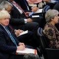 British Prime Minister Theresa May sits in front of British Foreign Secretary Boris Johnson during the 72nd United Nations General Assembly at UN headquarters in New York on September 20