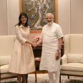 Indian Prime Minister Narendra Modi (R) shakes hands with US Ambassador to the United Nations Nikki Haley  in New Delhi on June 27.