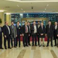 Dawood Nazirizadeh (1st L), Andreas Schmitt (3rd L) and Dr. Joe Weingarten (C) pose alongside other members of  Rhineland-Palatinate business delegation in Tehran on Feb. 5.