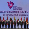 Foreign ministers pose for a group photo at the ASEAN Foreign Ministers’ Meeting retreat in Singapore on February 6.  