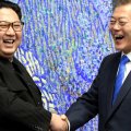 File picture of Kim Jong-un (L) and Moon Jae-in at the truce village  of Panmunjom, South Korea.