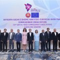 EU Trade Commissioner Anna Cecilia Malmstrom (6th from L) posing for a group photograph with economic ministers  from the ASEAN during the 24th ASEAN Economic Ministers’ Retreat in Singapore on March 2.