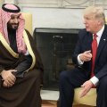 US President Donald Trump (R) and MBS in Washington on March 14.