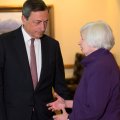 Marlo Draghi (L) and Janet Yellen at the Jackson Hole Economic Policy Symposium in Jackson Hole, Wyoming on January 7.