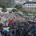 Protesters call for the president to step down on April 7, in Cape Town. 