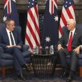 Mike Pence (R) and the Australian opposition leader, Bill Shorten, meet in Sydney on April 22.