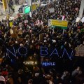 Protestors gather at John F. Kennedy International Airport on Jan. 28 in New York City.