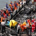 The wreckage of the burned passenger boat