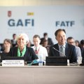 FATF President Juan Manuel Vega-Serrano (L) and IMF President Christine Lagarde (C) attended the plenary meeting in Valencia, Spain. 