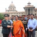 China’s Defense Minister Wei Fenghe (L) shakes hands with his Indian counterpart Nirmala Sitharaman before their meeting in New Delhi on August 23.