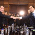 South Korean Unification Minister Cho Myoung-gyon (R) and Ri Son Gwon, chairman of the Committee for the Peaceful Reunification of the Country, meet at the truce village of Panmunjom inside the Demilitarized Zone, North Korea, on August 13.