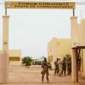 A Malian army soldier with the G5 Sahel stands at the entrance of a G5 Sahel command post in Sevare on May 30. (File Photo)