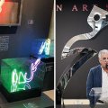 Sara Razmi’s neon light creation of ‘Gol o Morgh’ (L), Parviz Tanavoli and one of his Heech sculptures