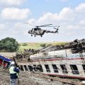 A helicopter flies over the site where a train derailed at Corlu district in Tekirdag, northwest Turkey, on July 9. (Photo: AFP)