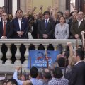 Catala president Carles Puigdemont (C), vice president Oriol Junqueras (L) and president of the Parliament Carme Forcadell (R) sing the Catalan anthem “Els Segadors” after a session of the Catalan parliament in Barcelona on October 27. Catalonia’s parliament voted to declare independence from Spain and proclaim a republic.